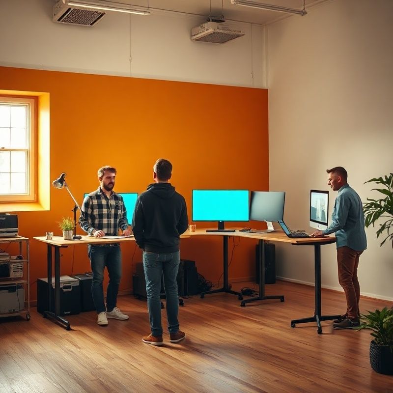 Four engineers at standing desks inside the Sterling Atelier studio in Brașov