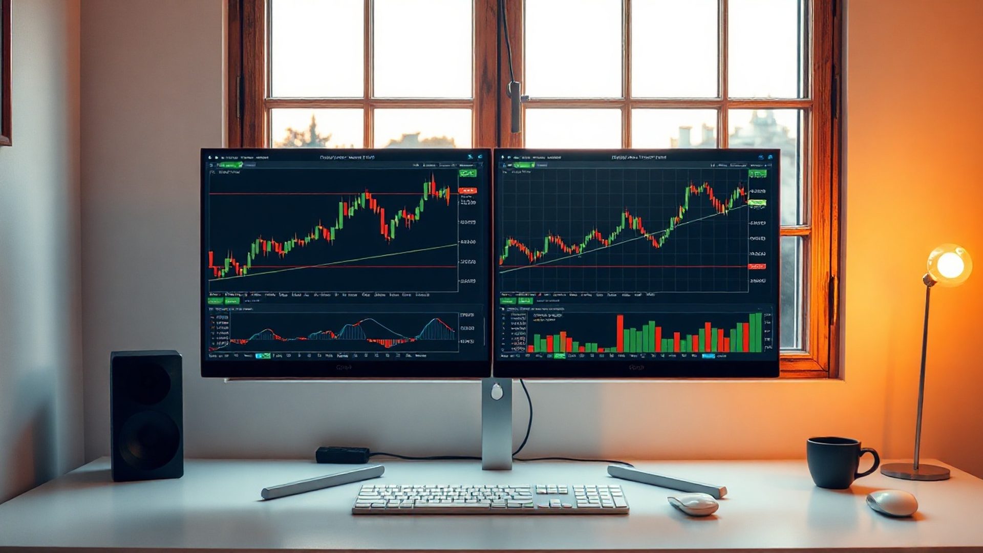 Dual-monitor algorithmic trading workstation with live candlestick charts
